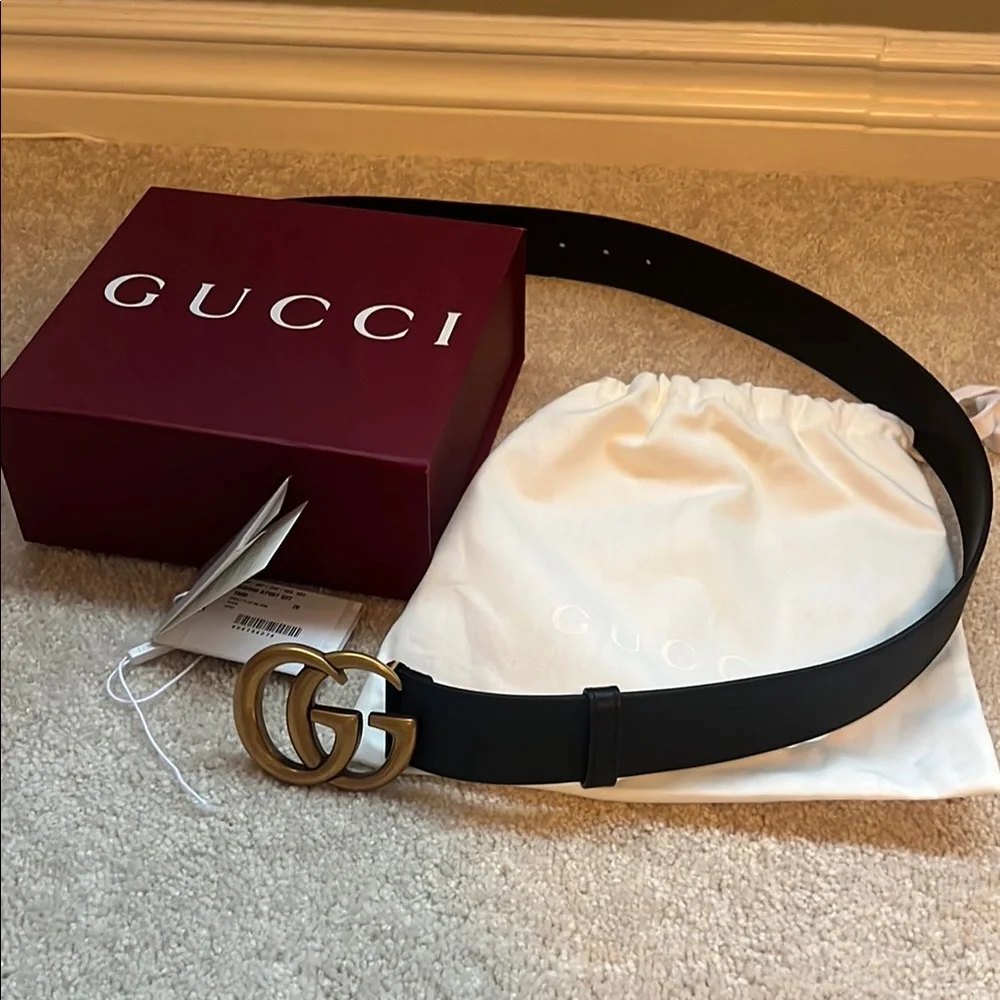 Gucci GG Marmont Wide Belt – Black Leather, Gold Buckle, Size 70 - Picture 2 of 14